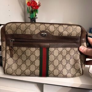 Gucci Brown GG Canvas Crossbody Bag with Red & Green Stripe